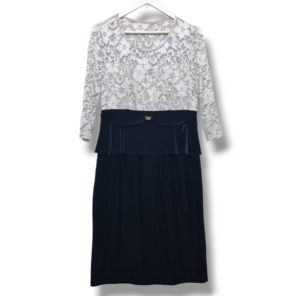 Joanna Hope Dress Womens Size 14 Peplum Midi Lace and Velvet Ivory Black - Picture 2 of 10